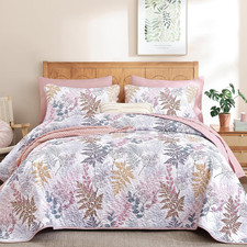 Botanical Quilt Set King Size,Pink Quilt with Colorful Leaves Pattern, 3 Pieces