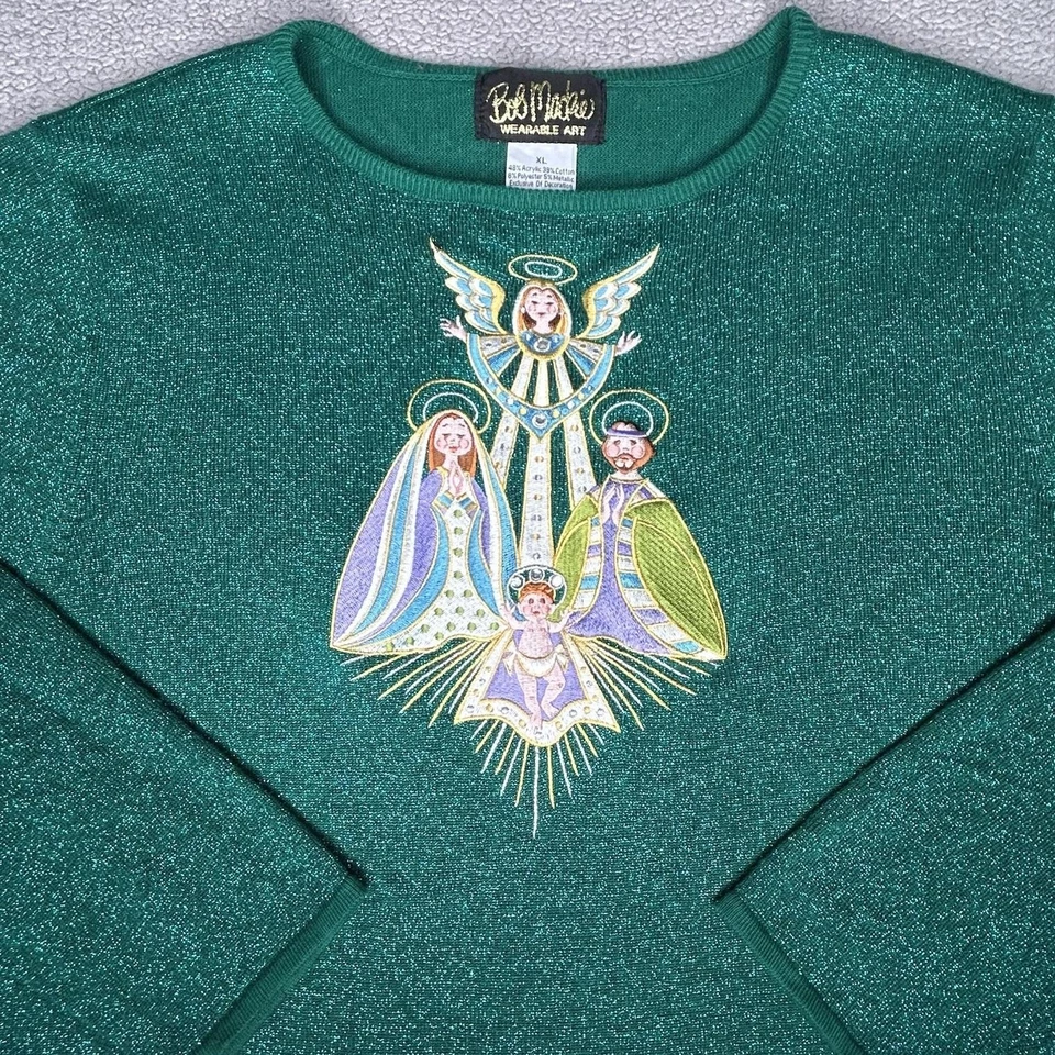 Suéter Bob Mackie Mujer XL Metálico Belén Ángel Navidad Bordado Arte Foto 2 de 4