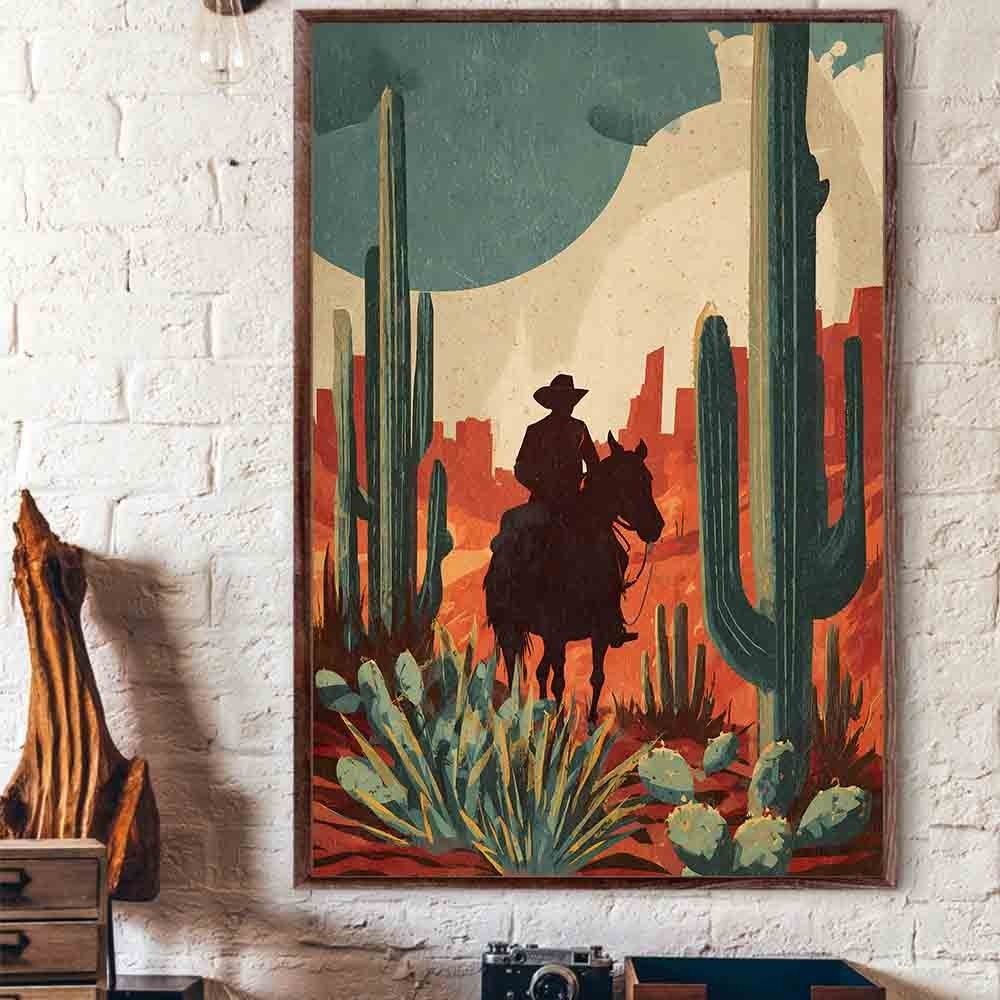 Cowboy Desert Sunset Poster Western Wall Art Print Rustic Cactus Home ...