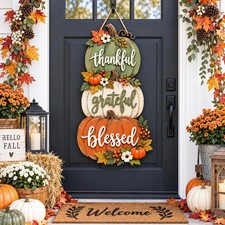 Thankful Grateful Blessed Pumpkin Sign Fall Front Door Decor Autumn Porch