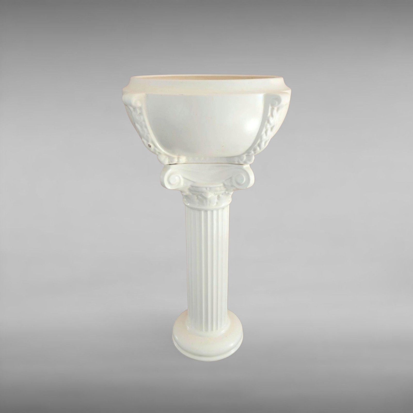 Vtg 60s Haeger Ivory Matte Glazed Ceramic Pottery Planter Bowl & Pedestal Set 