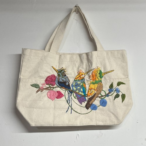 Hand Stitched Crewel Embroidery Hummingbird Birds Tote Bag Tan Canvas 13.5 x 9.5 - Picture 1 of 11