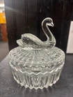 Vintage Jeanette Round Clear Glass Swan Lid Candy Jar / Powder Jar/ Trinket Box