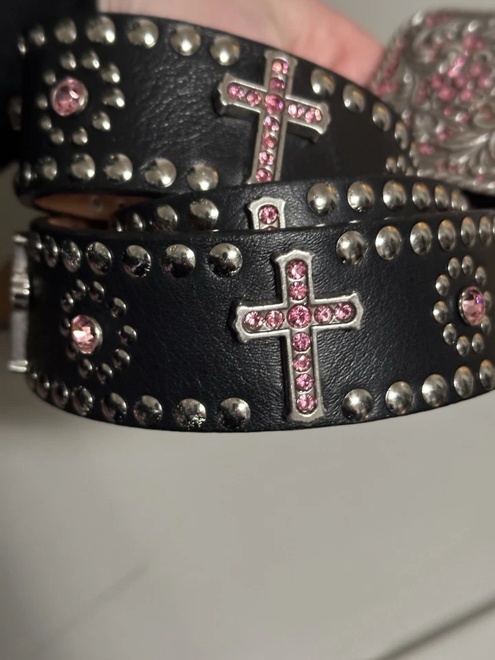 "Cinturón de cuero negro Nocona rosa estrás cruz occidental Y2K tachonado 44""" Foto 3 de 4