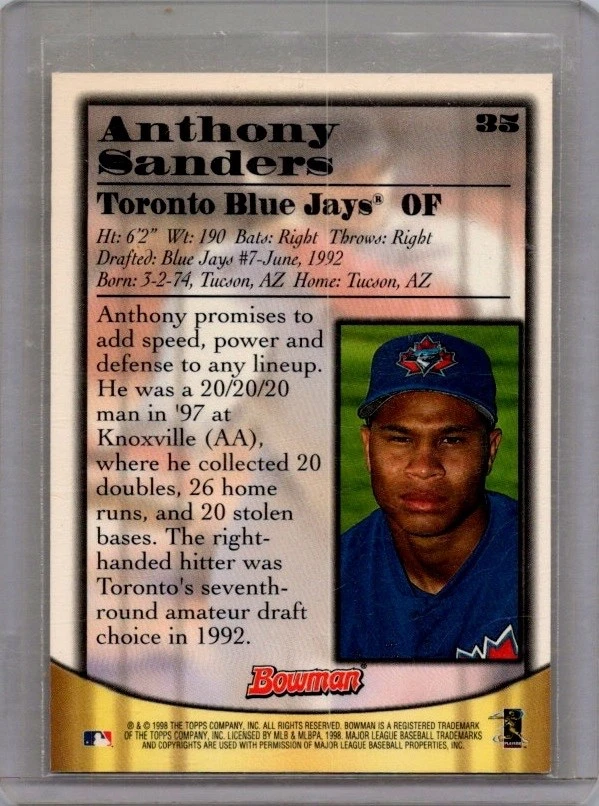 1998 Bowman Anthony Sanders AU #35 Jays Certified Autographs Blue Foil - Image 2 of 2