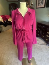 St. John 2pc Pink Knit Lounge Set Sz M Zip Hoodie Jogger Pants Drawstring