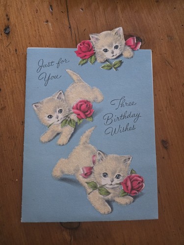 Vintage 1951 Norcross Birthday Card Flocked Kittens And Red Roses Die Cut