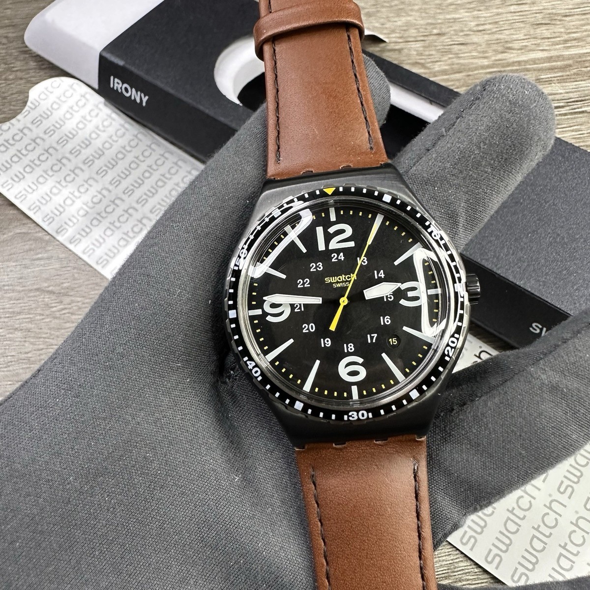 NEW✅ Swatch Irony SPECIAL UNIT Stainless Steel Brown Leather Men's Watch  YWB402