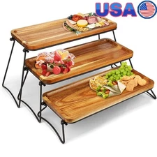 Hand Carved Charcuterie Board Set Collapsible Serving Tray 3 Tier Wooden Platter