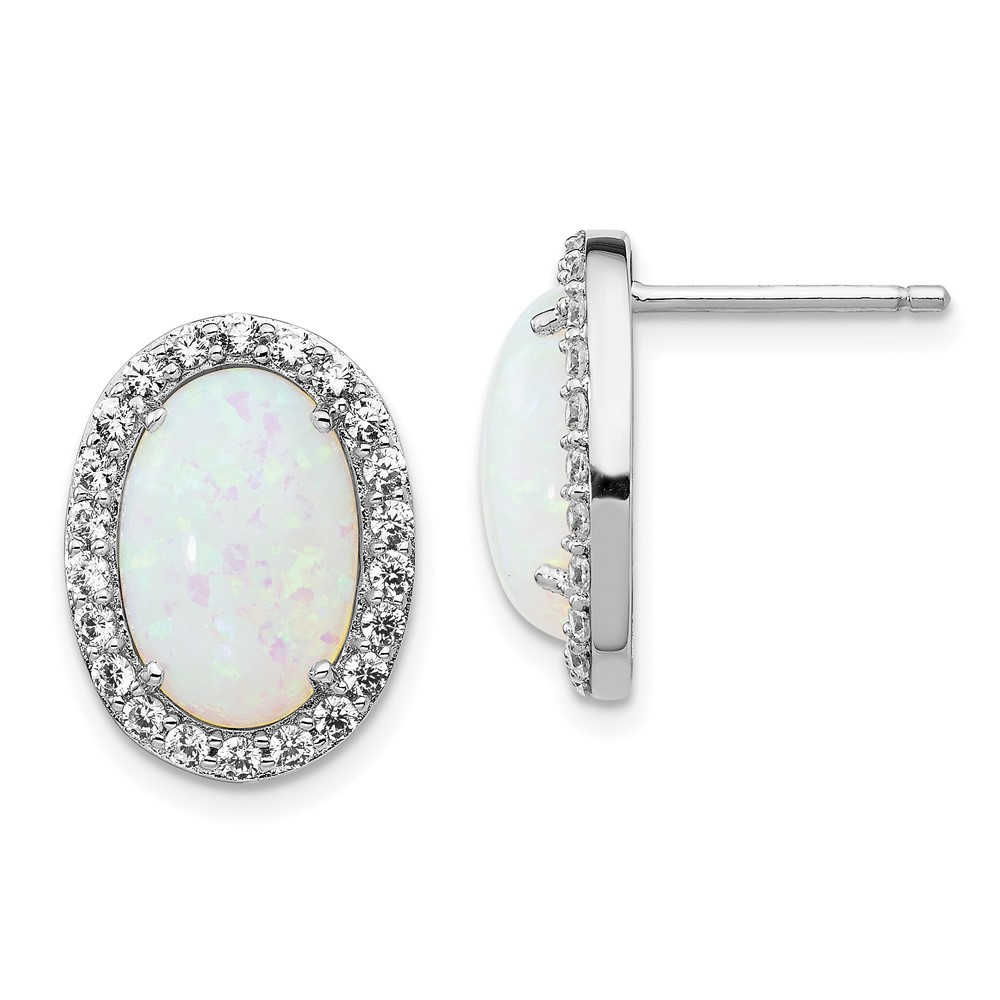 Sterling Silver Lab Created Opal & Cubic Zirconia Oval Halo Stud Earrings 1.87gm