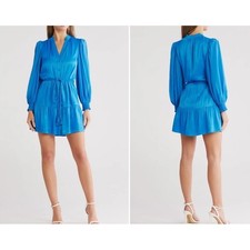 Alice + Olivia Antonette Mini Dress Womens 6 Blue Chiffon Puff Sleeve Smocked