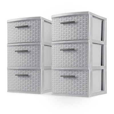 Sterilite 3 Drawer Storage Tower, Plastic Weave Medium Organizer, Cement, 2 Pack
