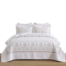 3Pcs Cotton Botanical Elegance Quilted Bedspread Set