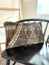 Brown Turkish Wool Rug Pillow | 12x20 Vintage Kilim Cushion | Boho Decor