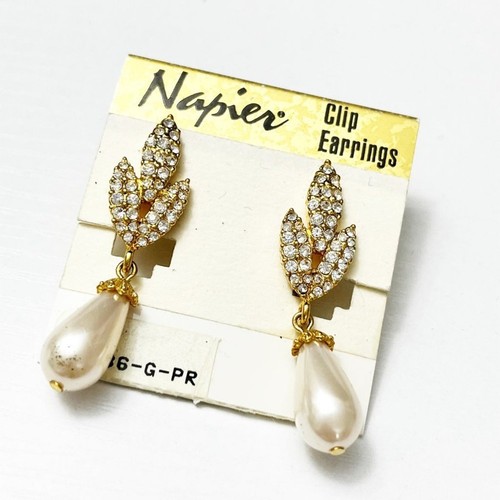 Napier Vintage Pave Kristall & Perlen Ohrhänger Clip Ohrringe - Bild 1 von 6