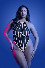 Fantasy Lingerie Glow Solar Flare Flash Reflective Mesh Halter Teddy Black Queen
