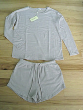 Womens Waffle Knit Pajama Set Long Sleeve Top Shorts Matching Lounge Medium NEW