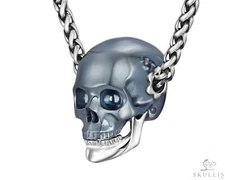 Necklace of 1.0" Hematite Carved Detachable Crystal Skull Pendant, Silver Chin