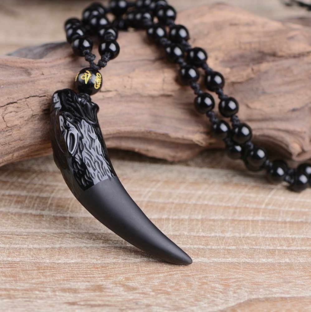 Men Natural Black Obsidian Crystal Wolf Tooth Necklace Pendant
