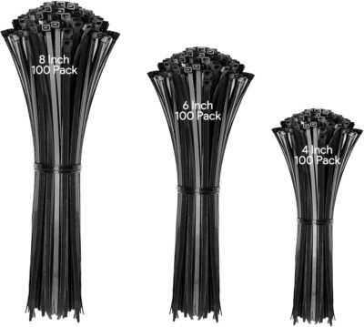 300 Zip Cable Ties 4+6+8 Inch Multi-Size Self-Locking Nylon Multi-Purpose Black