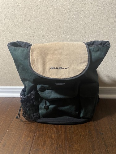 Vintage Eddie Bauer Backpack Drawstring Green Tan Multiple Pockets Tablet Space