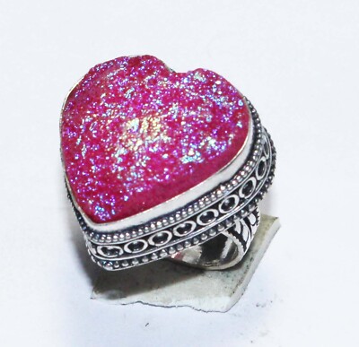 Titanium Druzy Gemstone Heart Shape Handmade Ring Jewelry Ring Size 5.5 Inches