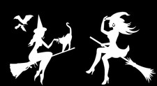 Cute Witch Bats Cat - Two PK 5" White Vinyl Decal Car Windows laptop notebook