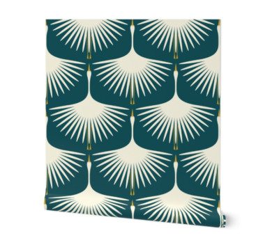Spoonflower Art Deco Swans - Deep Teal 13388470 Peel & Stick Wallpaper 61x274cm
