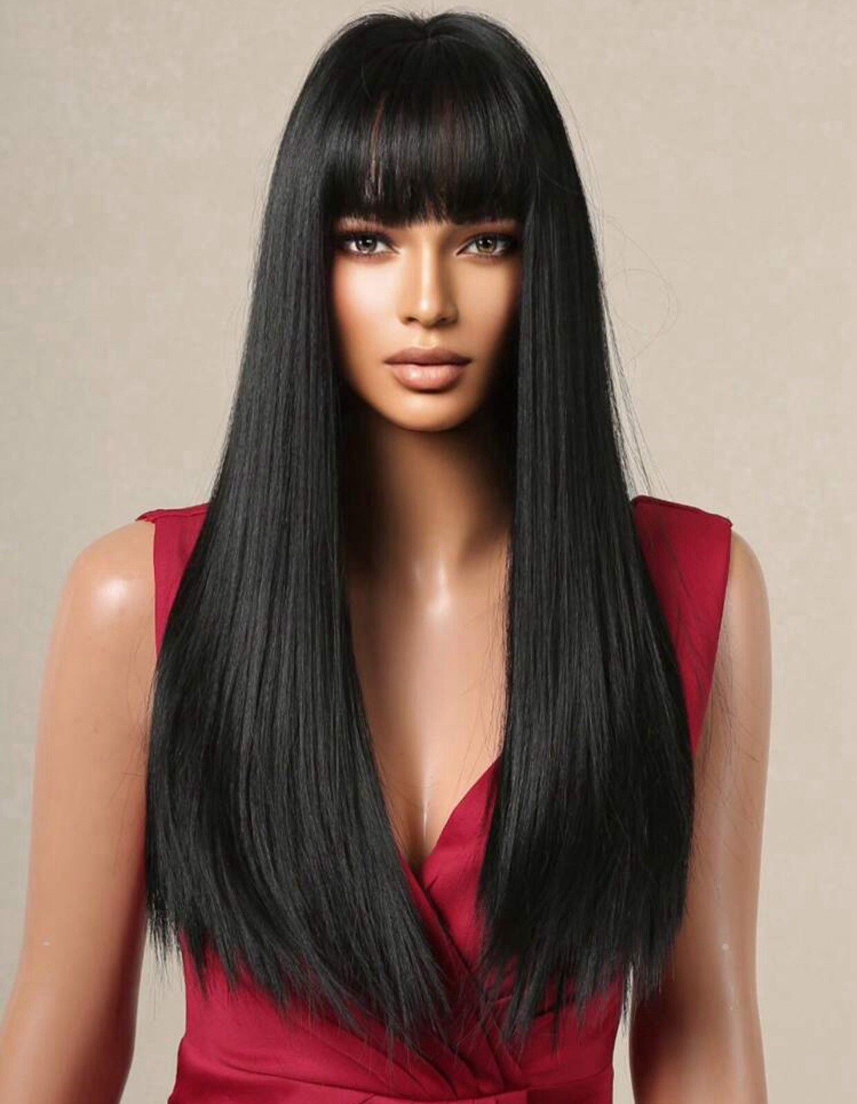 Perruque noire longue lisse à frange pour changer de look en soirée, 4 bonnets