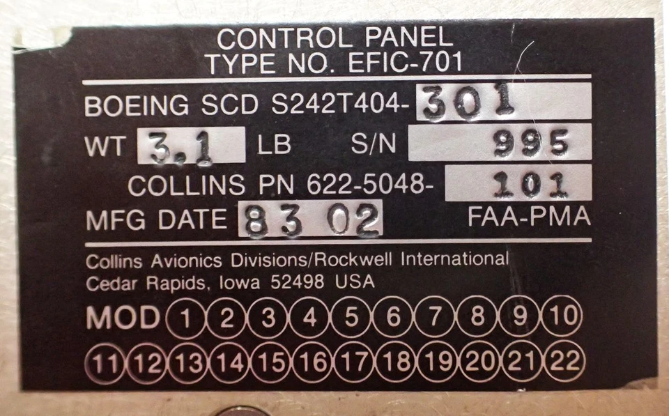 ROCKWELL/COLLINS EFIC-701 622-5048-101 ELECTRONIC FLIGHT CONTROL PANEL - Image 3 of 3