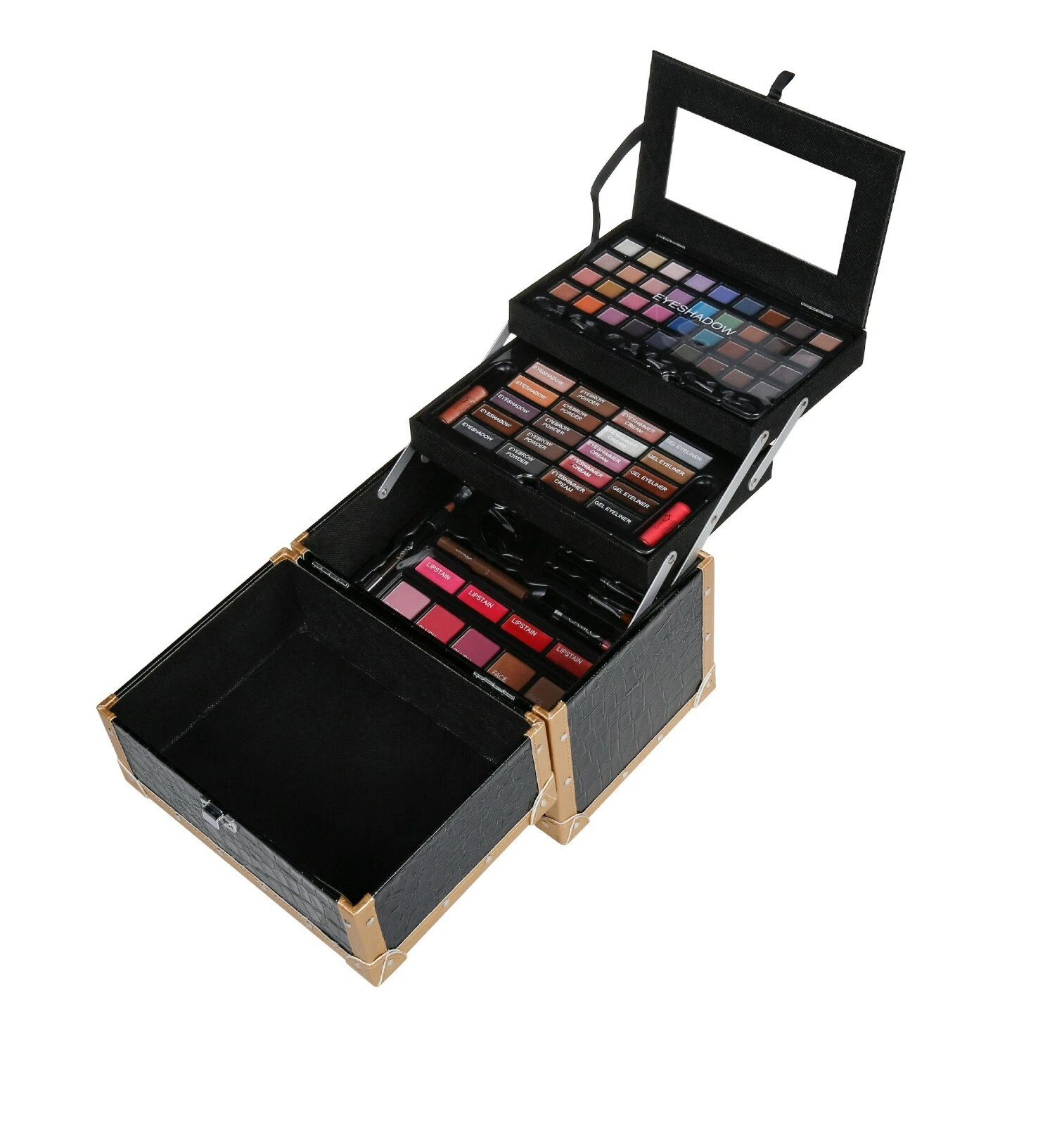 CAMEO BLACK LEATHER MIRROR FOUNDATION EYESHADOW LIP BLUSH FACE POWDER MAKEUP KIT