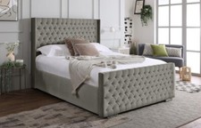 OTTOMAN STORAGE CHESTERFIELD PLUSH VELVET BED FRAME- WINGED HEADBOARD