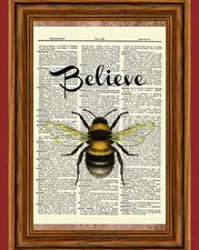 Believe Bee Dictionary Art Print Book Page Picture Bumble Bee Inspiration Poster
