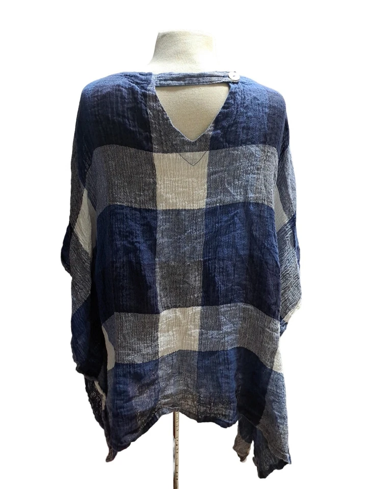 Top túnica de lino a cuadros azul marino de la colección IC Connie K para mujer talla XL Foto 4 de 4