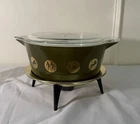 RARE Vintage Pyrex Green Zodiac Casserole Dish w Lid & Stand MCM Atomic Gold