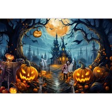 10x8ft Halloween Full Moon Night Castle Pumpkins Photo Backdrop Fabric