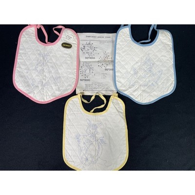 Vintage 50's Embroidery Bernat 3 Bunny Baby Bibs, Yellow, Blue & Pink Trim
