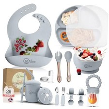 17-Piece BPA-Free Silicone Baby Feeding Set Gray V2: Nurture Pack 17 Pieces