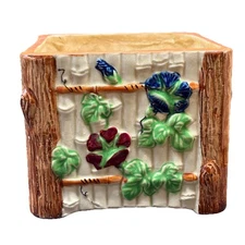 Japan Majolica Style Square Planter - Fence Post Morning Glory 6" Vintage EUC