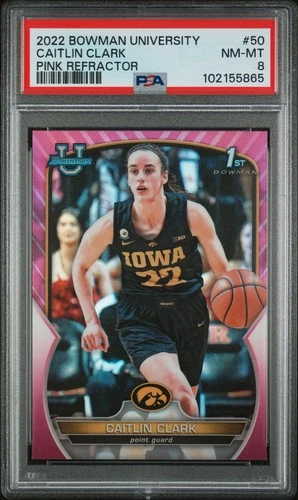 2022 BOWMAN CHROME UNIVERSITY PINK REFRACTOR #50 CAITLIN CLARK PSA 8