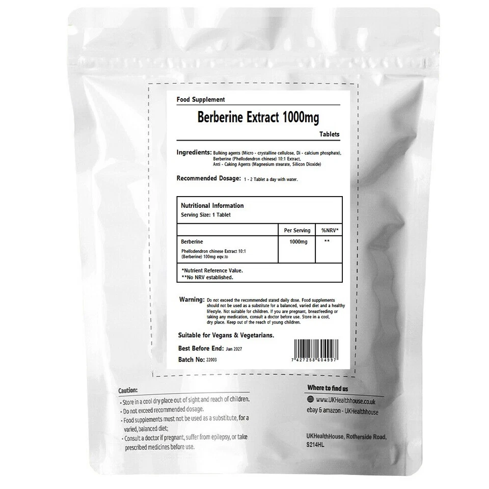 Berberine Extract 1000mg 10:1 - Tablets - Vegan Supplements - 100% Natural - Image 2 of 4