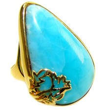 Natural Blue Larimar Ring Size 8.25 18K Gold Over 925 Silver Handmade