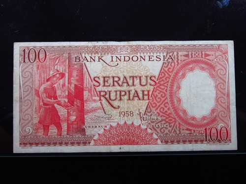 Indonesia 100 Rupiah 1958 P59 1482i1g Indonesian Worker & Houses Bank Money - Afbeelding 2 van 2