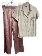 Womens Pajama Set Size Large Gray Animal Print Top Pink Satin Bottoms