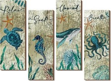 4 Pieces Beach Bathroom Decor Wall Sign Art Ocean Decor Sea Turtle Wall Art Naut
