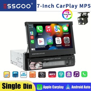 Single 1DIN 7" Flip Out Car Stereo Carplay Android Auto BT Radio SWC USB Camera