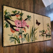 Vintage Latch Hook Rug Floral Bird Butterfly Handmade Boho Runner 30x59
