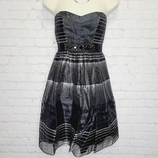 BCBGMAXAZRIA Strapless Silk Blend Beaded Waist Striped Dress Black Silver Size 2