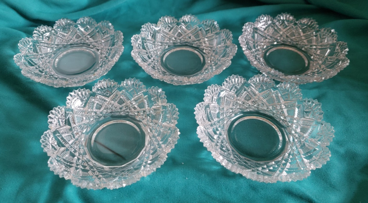 Antique SET OF 5 pc ABP American Brilliant Cut Glass Berry Bowls 5” Sawtooth Rim