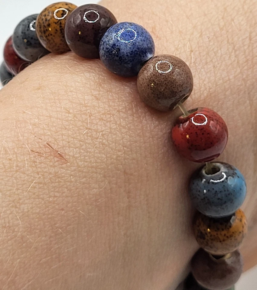 Handmade Ceramic Glazed Porcelain Beaded Bracelet Bohemian 6in - Image 4 of 4